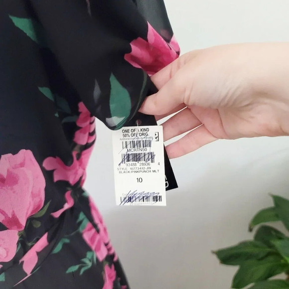 INC International Concepts Pink Black Floral Faux Wrap Midi Flutter Dress 10 M - Picture 14 of 16
